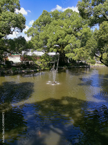 Pond and fountain on a clear day. Japan