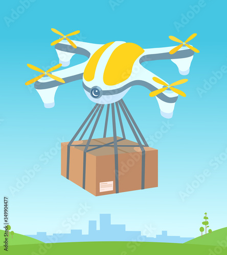 A delivery drone flying, carrying a cardboard box package. Summer city landscape, sky, a green meadow on the background. An order delivering, shipping. A vector cartoon illustration.