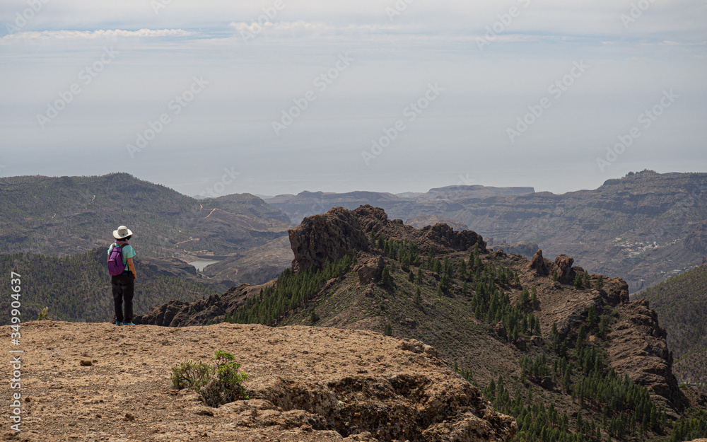woman looking at a landscape from the edge of a mountain in Roque Nublo, Canary Islands
