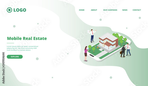 Potential consumers search property on internet promoted by marketing modern flat cartoon style