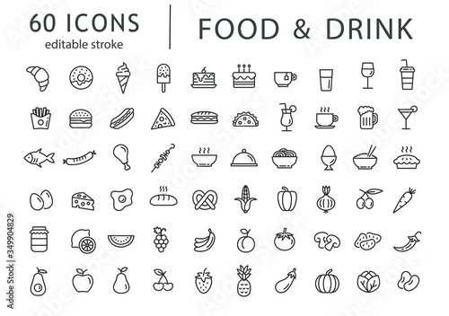 Food and drink - line icon set with editable stroke. Outline collection of 60 symbols. Restaurant menu icons. Vector illustration.