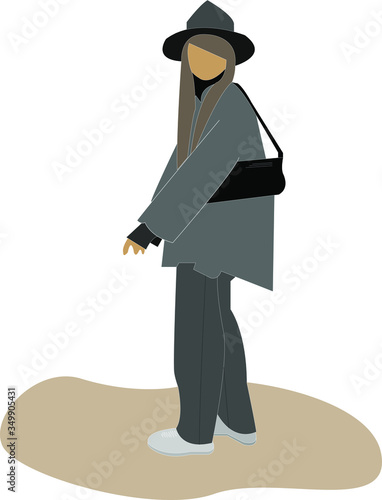Vector drawing of a fashionable girl on an isolated layer. In gray pants, a jacket with a bag and a hat. Suitable for themes related to fashion