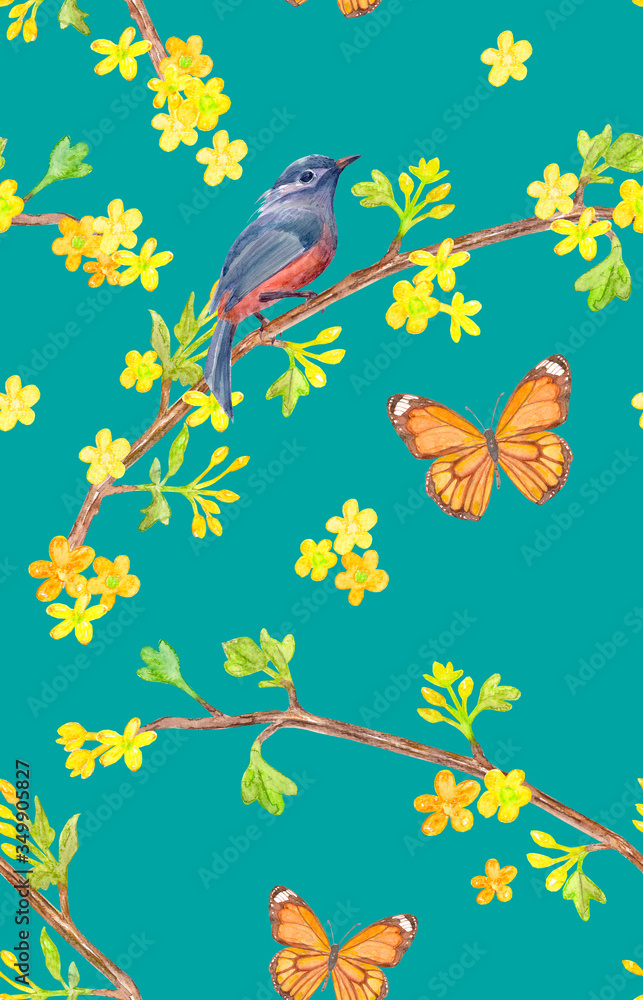 seamless texture with butterflies and pretty bird sitting on twig of blossom wild currant bush with yellow little flowers against turquoise sky. watercolor painting