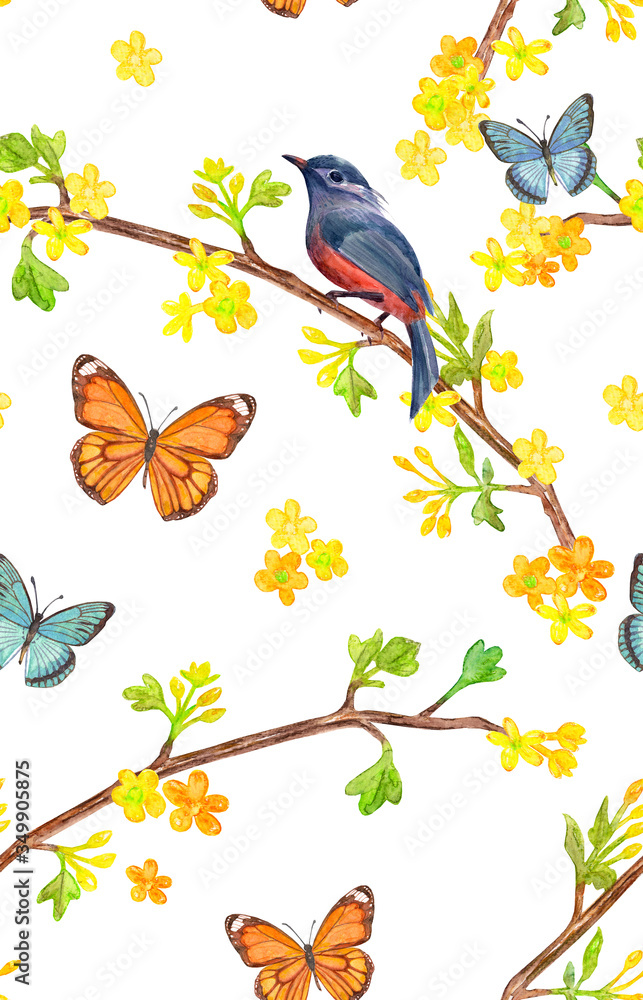 seamless texture with butterflies and cute bird sitting on twig with yellow little flowers on white background. watercolor painting seamless texture with butterflies and cute bird sitting on twig with yellow little flowers on white background. watercolor painting