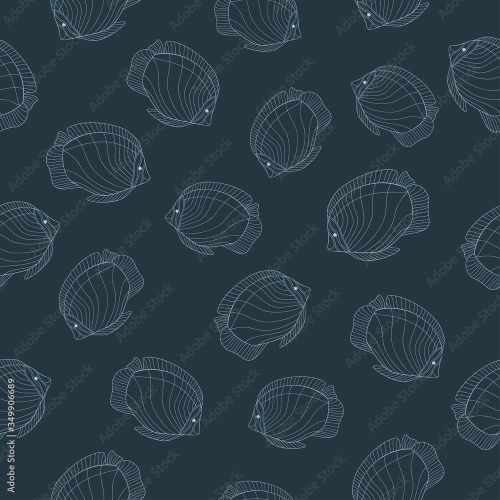 Monochrome ocean fauna doodle pattern. Line drawn exotic fish with stripes on dark gray-blue background. Monochrome ocean fauna doodle pattern. Line drawn exotic fish with stripes on dark gray-blue background.