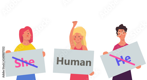 Gender neutral vector illustration person. He , she - human design symbol. Equality sex tolerance normal break. Unisex reveal norms character different. Identity right support background man and woman