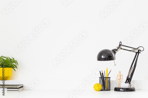 Office desk, objects, office supplies, books, and plant. Mockup. 