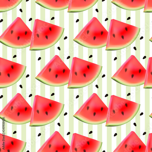 Watermelon seamless pattern 3D. Sweet abstract  background. Vector illustration. Repeating texture with slice watermelon and seeds. Realistic summer ornament. Modern design paper, wallpaper, textile.