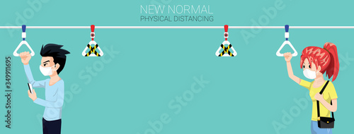 New normal concept and physical distancing people wearing face mask and keep distance for shuttle shuttle bus, subway, railway to protect from Covid-19 pandemic. Vector of new behavior concept