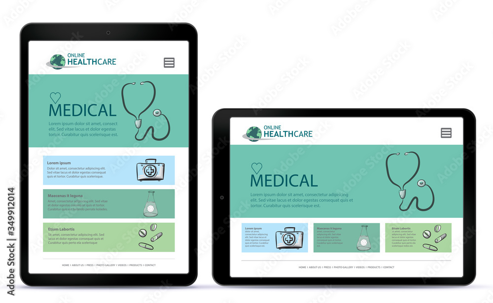 Healthcare and Medical User Interface Design for Tablet Computer App. Horizontal and Vertical Positions.