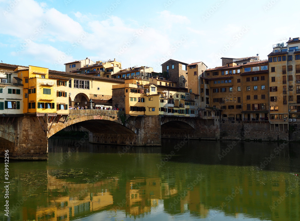 View of the Ponte Vecchio bridge. It is a medieval bridge over the Arno River, in Florence, Italy.