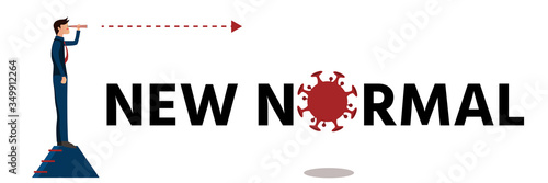 Business vision,New normal lifestyle concept,After coronavirus outbreak,Cute businessman hold a telescope and looks foward on a short stairway above the Coronavirus and new normal lettering,Pink cheek