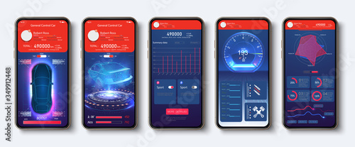 Car control app indicators of sensors and data online. Smart car security system UI,UX,KIT,HUD. Vehicle feature, settings phone display. Mobile application auto dashboard,speedometer, lock, run, data