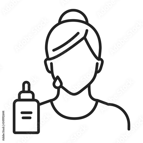 Facial moisturizing line black icon. Faceless girl and serum. Isolated vector element. Outline pictogram for web page, mobile app, promo.