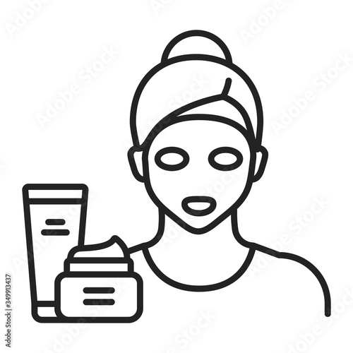 Face mask on a young girl black line icon. Skin care. Moisturizing and nourishing skin. Isolated vector element. Outline pictogram for web page, mobile app, promo.