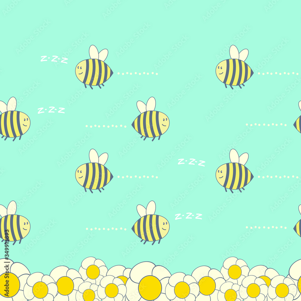 Horizontal seamless pattern with cute bees and flowers