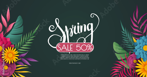 Spring sale banner with flowers on a green background. Banner for promotions, magazines, advertising, web sites.
