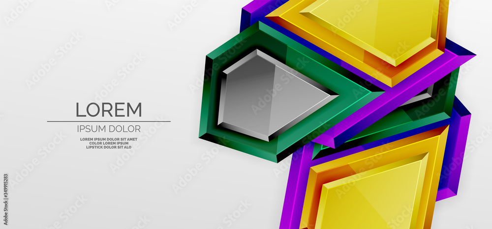Metal glossy shiny geometric shapes with 3d effect composition. Techno futuristic vector abstract background For Wallpaper, Banner, Background, Card, Book Illustration, landing page