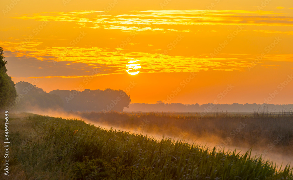 Misty canal in an agricultural field below a blue yellow sky in sunlight at a foggy sunrise in a spring morning