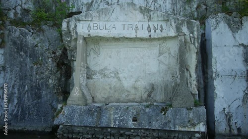 abula Traiana, Trajan's tablet, view from the Danube from the boat, slow approach to the board, close-up view, a Roman memorial plaque, commemorating the completion of Trajan's military road photo