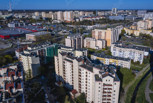 Drone view of residential buildings in Goclaw area, part of Praga Poludnie district of Warsaw, Poland