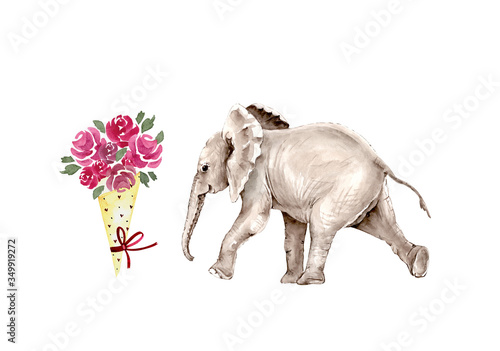 gray elephant with a bouquet of pink flowers. watercolor illustration on white background 