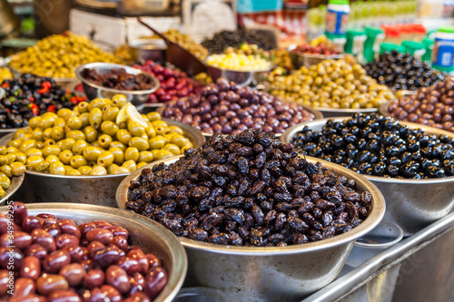 Green and black olives in the oriental market 