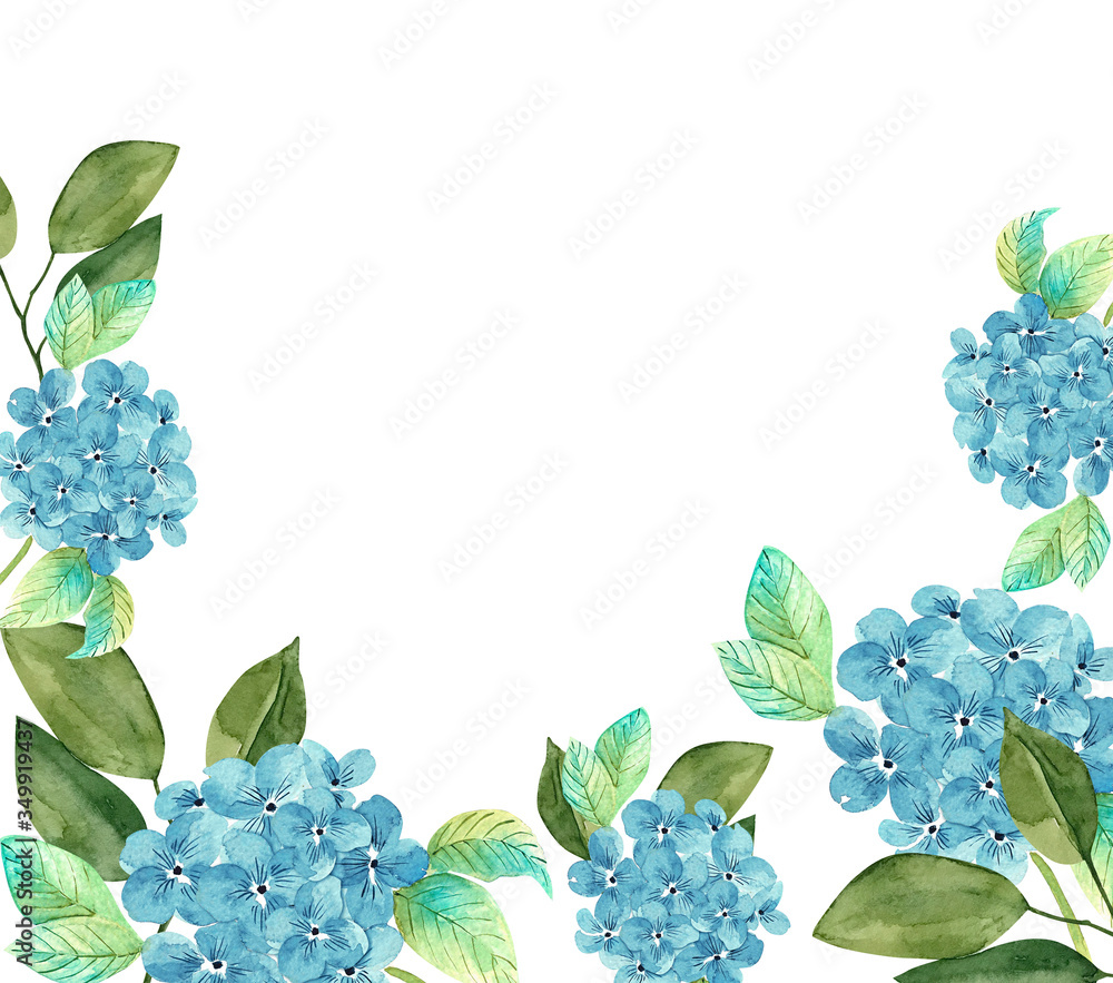 frame of blue hydrangea flowers, watercolor illustration, border on a