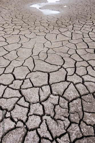 dry cracked ground  with puddle of water