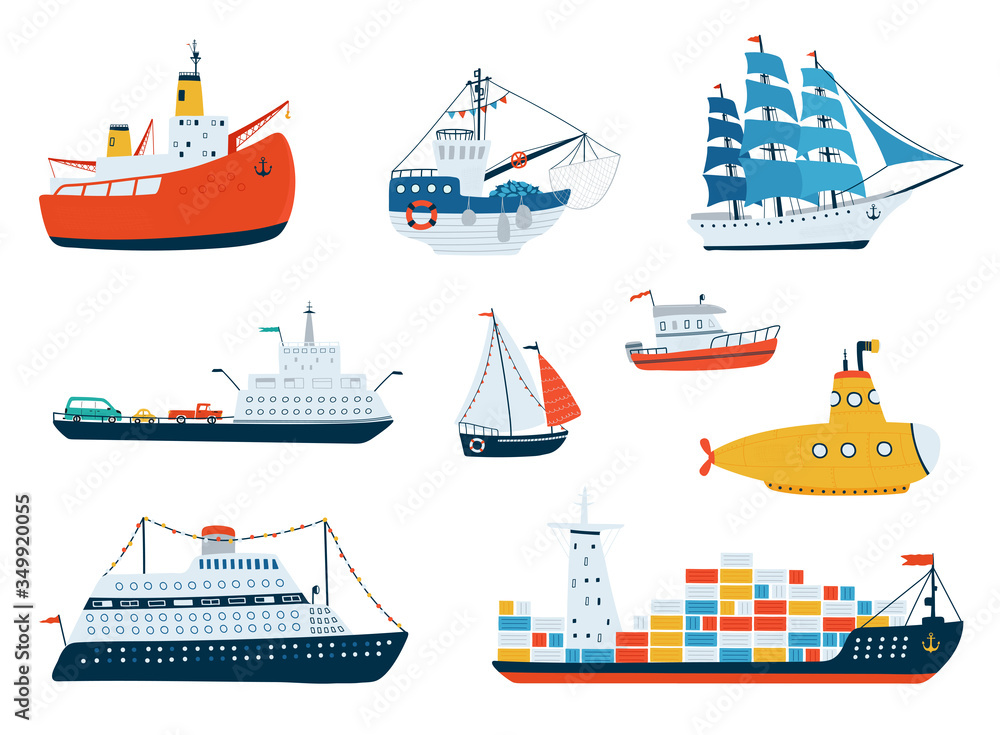 Collection various ships isolated on white background in a flat style. Illustrations of water transport, sailboat, submarine, icebreaker, fishing boat. Vector