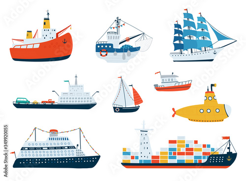 Collection various ships isolated on white background in a flat style. Illustrations of water transport, sailboat, submarine, icebreaker, fishing boat. Vector