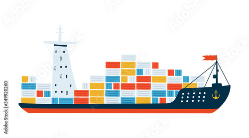Large cargo ship with containers isolated on white background in a flat style. Children's illustration for design of children's rooms, clothing, textiles.Vector