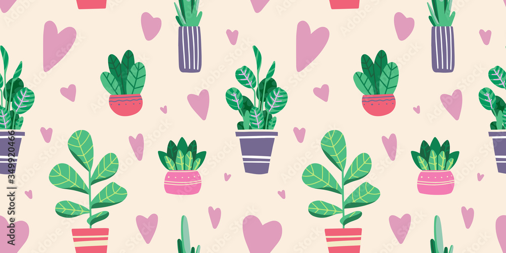 House plants in pots and vases. Beautiful hand drawn isolated element vector seamless pattern. House plants in pots and vases. Beautiful hand drawn isolated element vector seamless pattern.