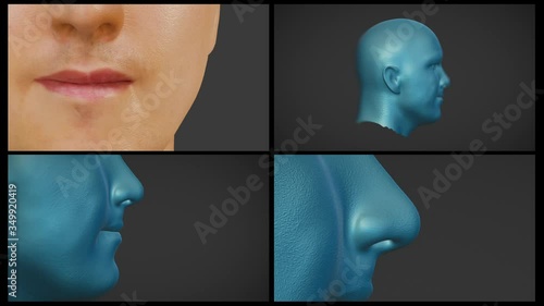 Photoreal 3D Head Sculpt model. Software four screens. Lips Nose Skin detail paint. Face High resolution polygons CGI Animation computer generated graphics. Isolated close-up.