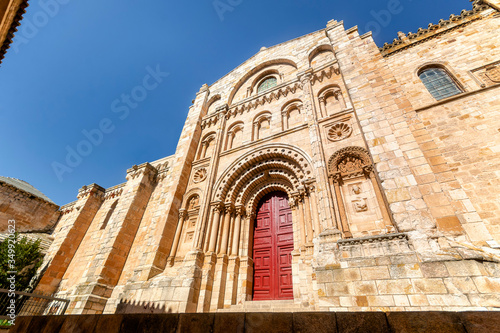 View of the richly sculptured Bishop's Doorway of the Zamora Cathedral in Castile and Leon, Spain