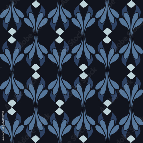 Indigo blue doodle flower seamless pattern. Sketchy winter floral daisy vector background. Modern dark navy wallpaper graphic design. Hand drawn all over print. Masculine bloom decor textile 
