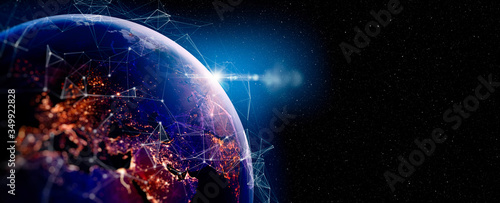 Obraz na płótnie Photo of Communication technology for internet business. Global world network and telecommunication on earth and IoT. Elements of this image furnished by NASA w salonie