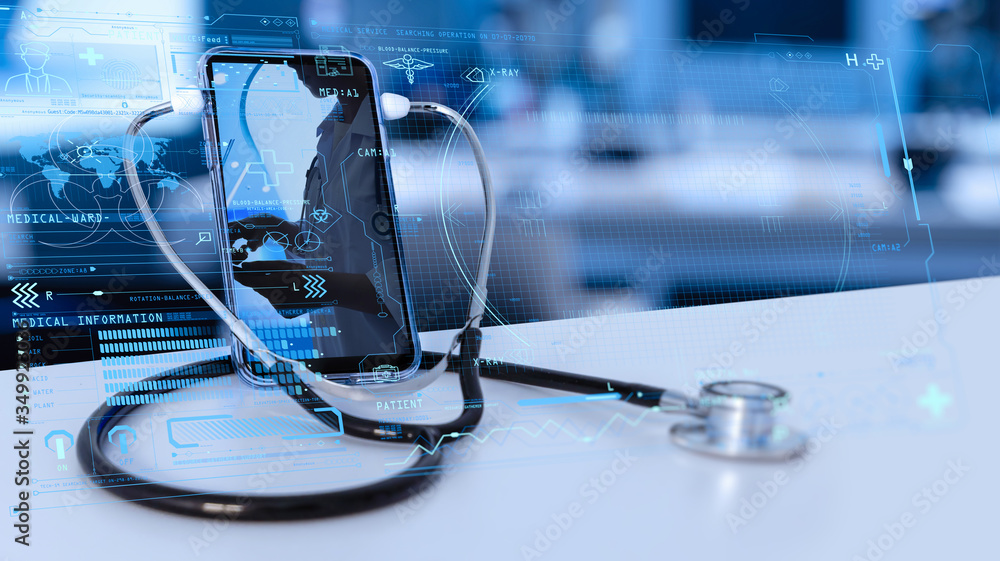 Telemedicine concept,Medical Doctor online communicating the patient on VR medical interface with Internet consultation technology