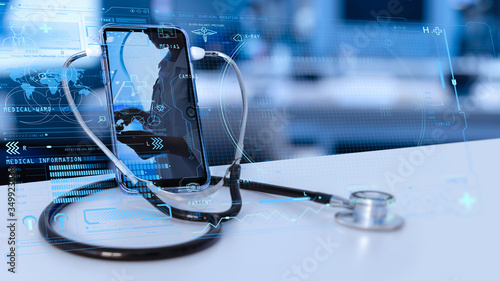 Obraz na płótnie Telemedicine concept,Medical Doctor online communicating the patient on VR medical interface with Internet consultation technology w salonie