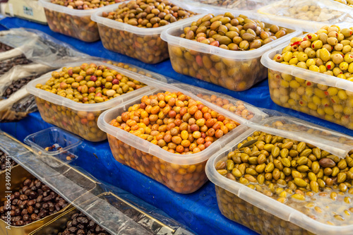 Green and black olives in the oriental market 