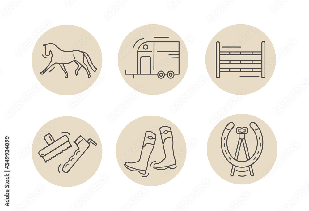 Horse riding icon set in brown circles. Dressage horse. Horse box trailer. Show jumps. Brushes, grooming tools, hoof pick. Boots. Horseshoe nail puller, farrier tool. Flat vector equestrian yard icons