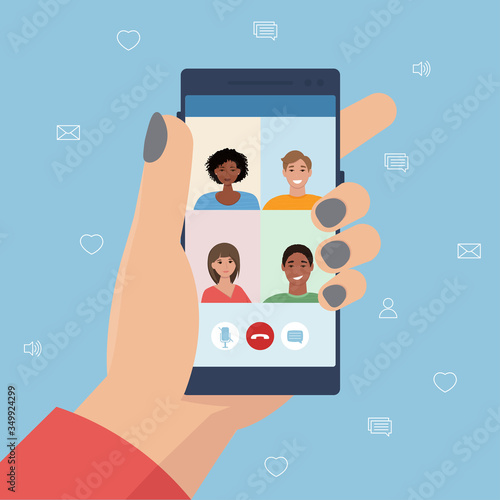 Hand holding smartphone with video conference. Communication by phone concept. Vector illustration in flat style
