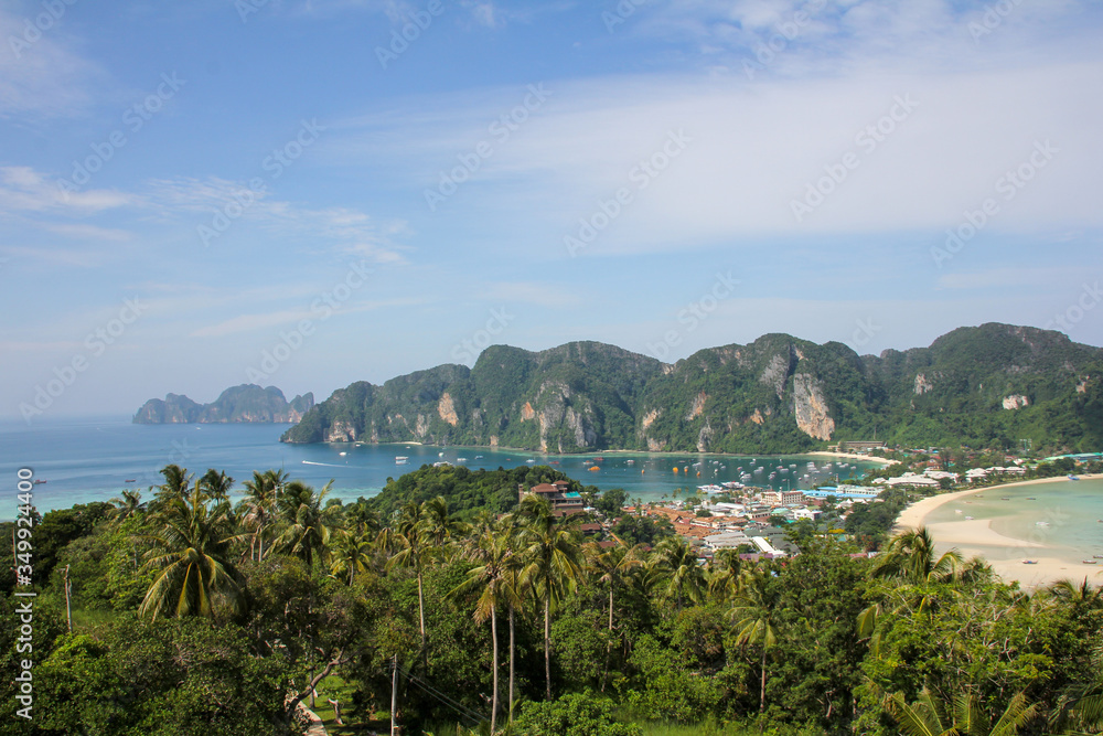 View from above the view point with the beach and mountains in the Phi Phi Islands of Thailand