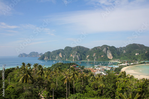 View from above the view point with the beach and mountains in the Phi Phi Islands of Thailand © Marc