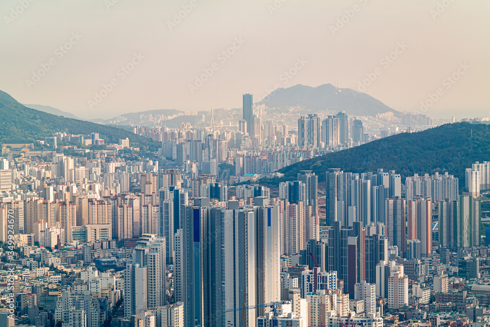 Fototapeta premium Skyscraper and landscape of Busan City, South Korea from a High Position