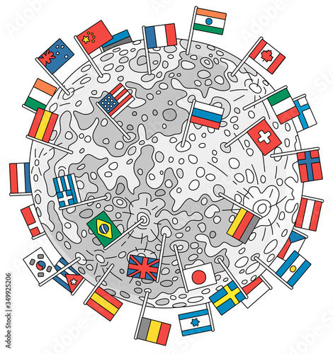 Division of the Moon, the satellite of the Earth divided between different countries and marked with their flags, vector cartoon illustration isolated on a white background