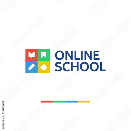 Colorful online school, english courses logo. Learning, study, knowledge, education icon. Institute, college logo. Drawing, sketching academy icon.
