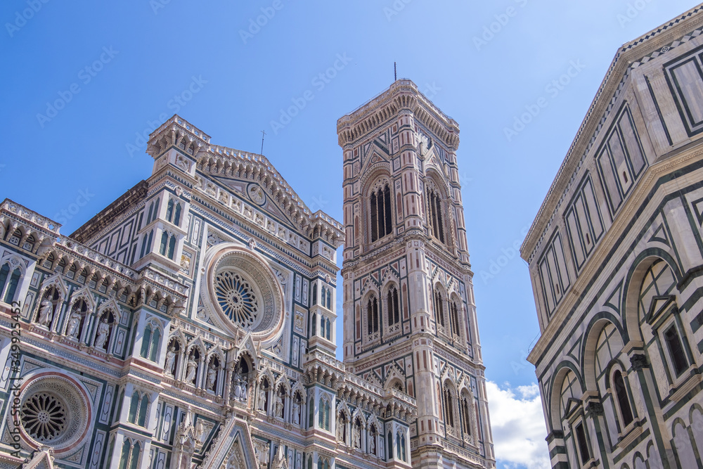 Cathedral Santa Maria Del Fiore with Giotto's Campanile and Baptistery of St. John on Piazza del Duomo in Florence Italy