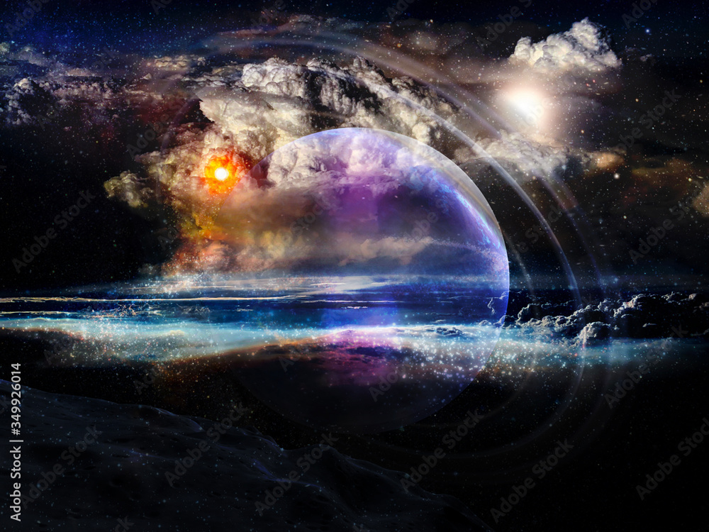 Alien planet with rings in clouds in outer space. Elements of this image furnished by NASA.