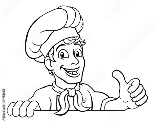 A chef cook or baker peeking over a sign and giving a thumbs up cartoon